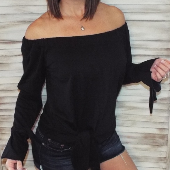 Tops - Off Shoulder Tie Sleeve Bell Cuff Black 0118